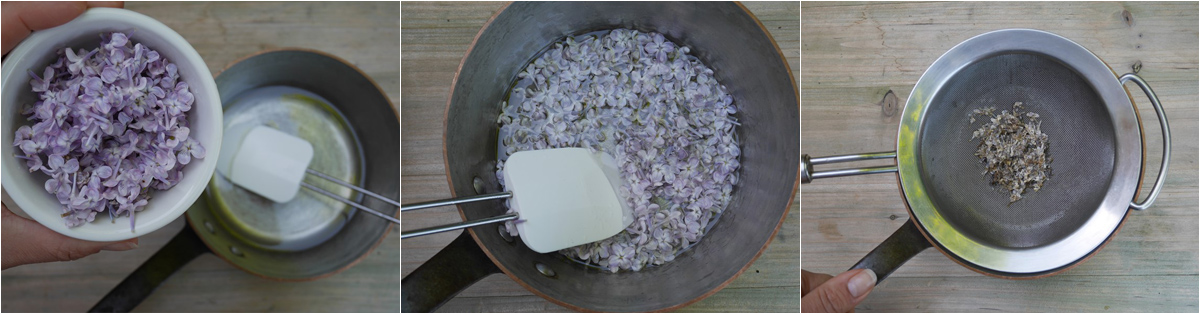 Lilac syrup making. Cooking at home with step-by-step recipes.