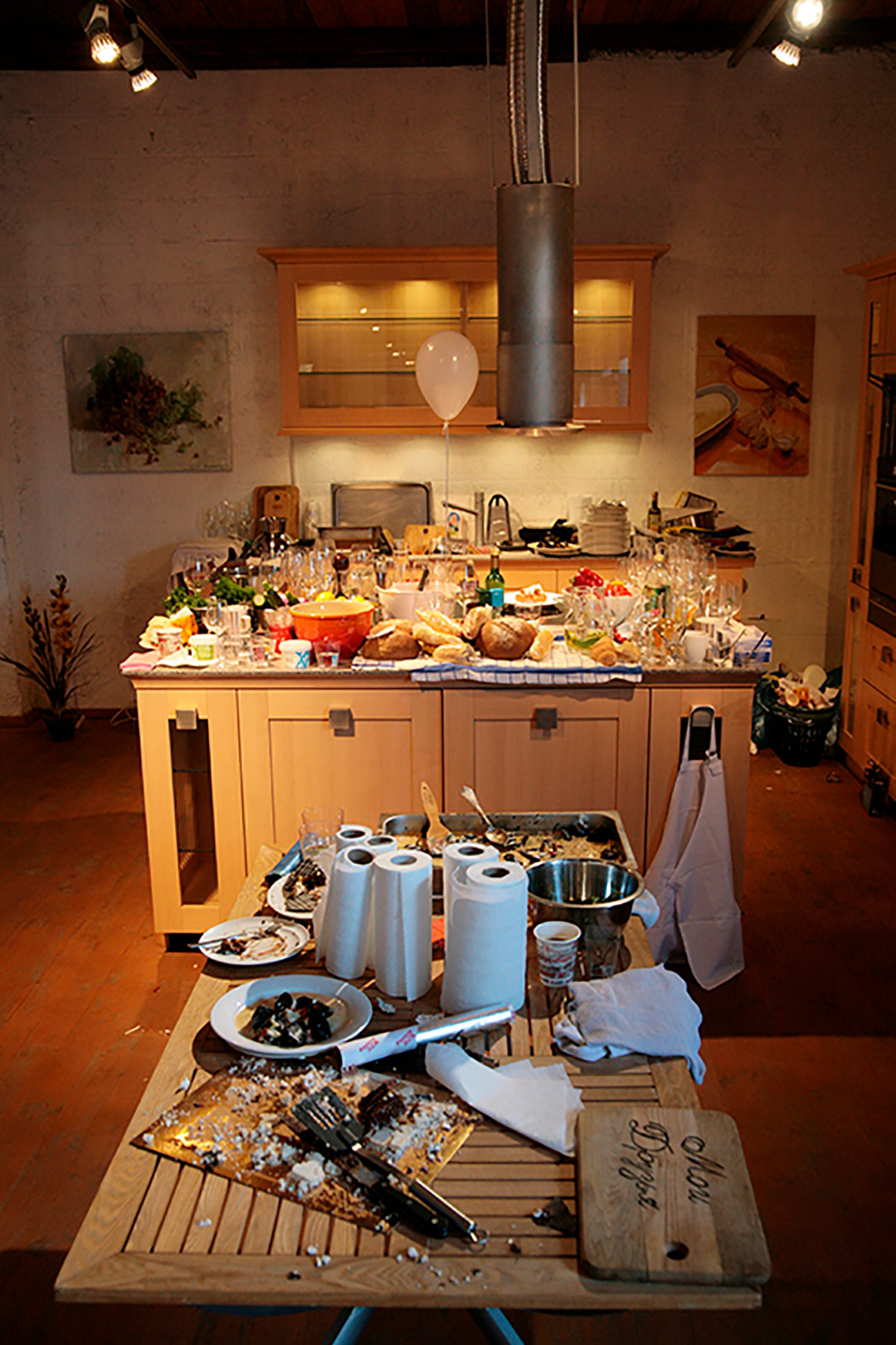 Kitchen after cooking. The birthday of “My Friends” cooking school. Cooking school in Ukraine.