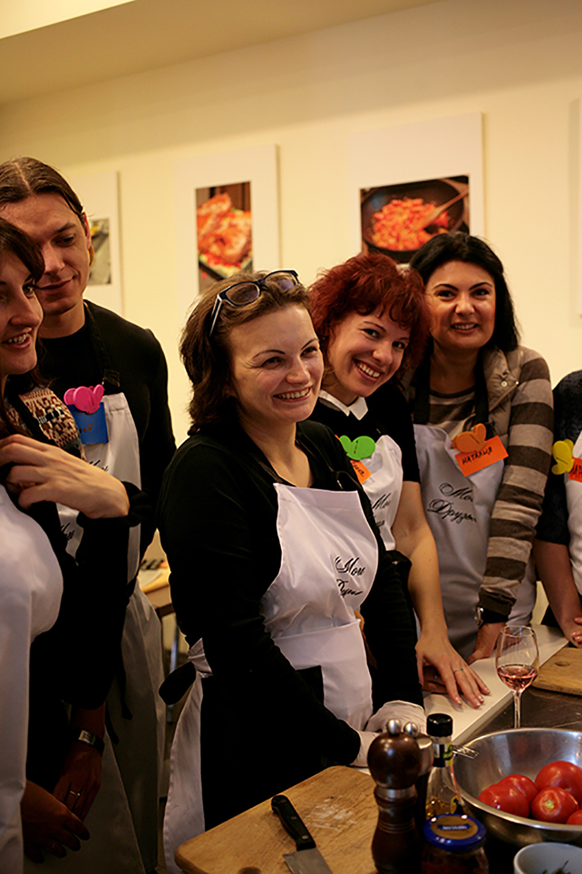 Participants of the lesson, dedicated to Greek cuisine. Cooking school in Ukraine.