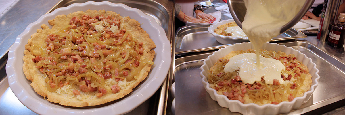 Home style quiche Lorraine. Culinary school recipes of of world-famous dishes.