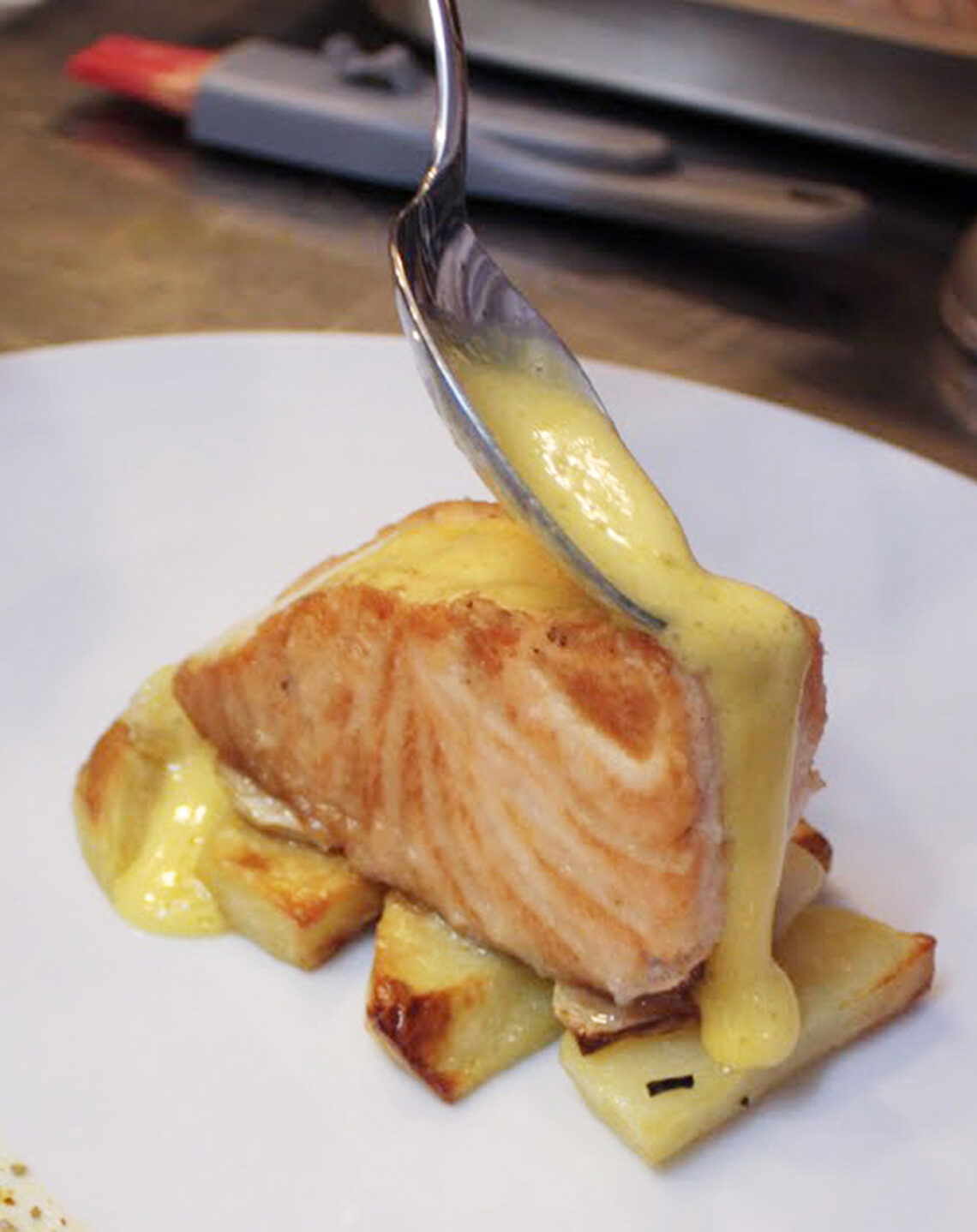 Salmon with vegetables and hollandaise sauce. Step by step cooking recipes of tasty dishes