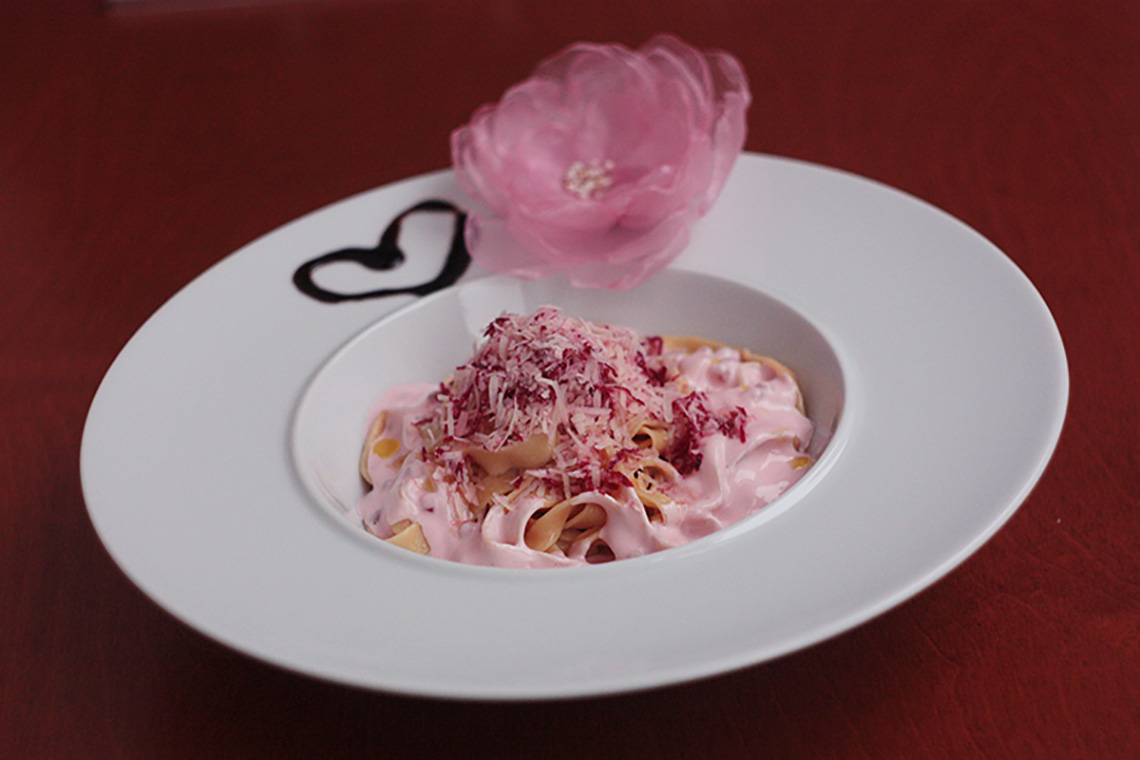 Pink pasta. Lesson in honour to International Women's Day. Cooking school in Ukraine.