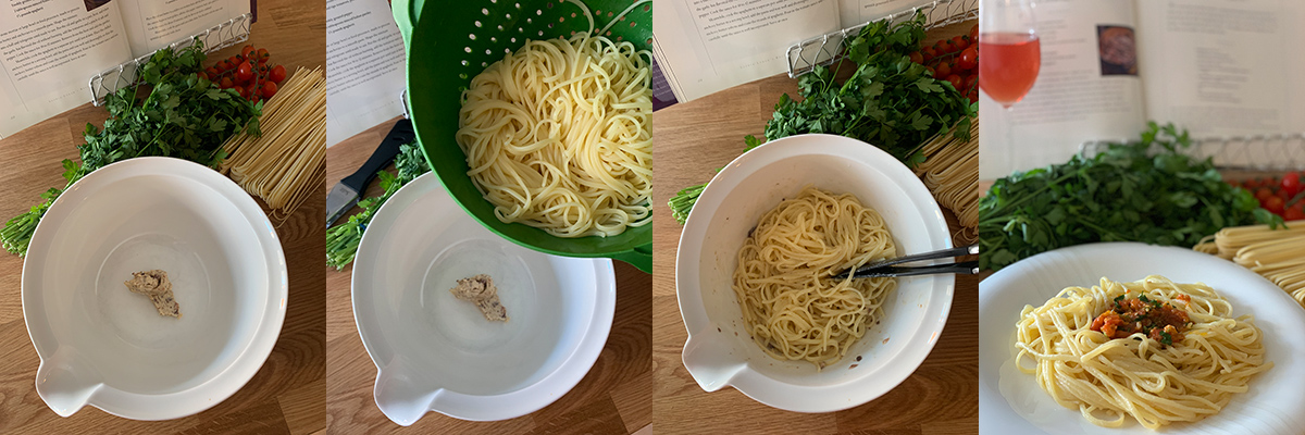 Mixing. Spaghetti with anchovy butter sauce. Cooking tips from famous chefs.