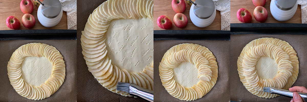 Put apples on dough. Apple tart with caramel touch. Cooking at home with step-by-step recipes.