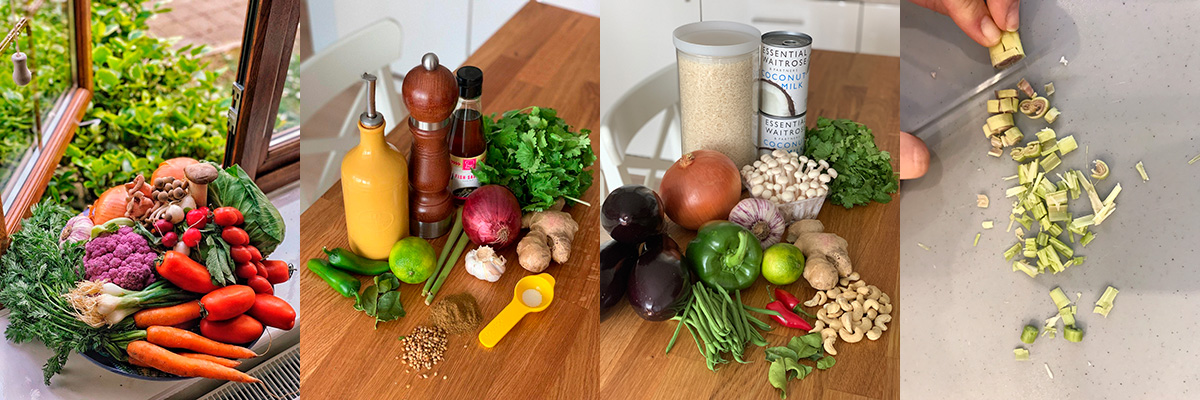 Ingredients. Aubergines vegan green curry by Andrei Velichko.