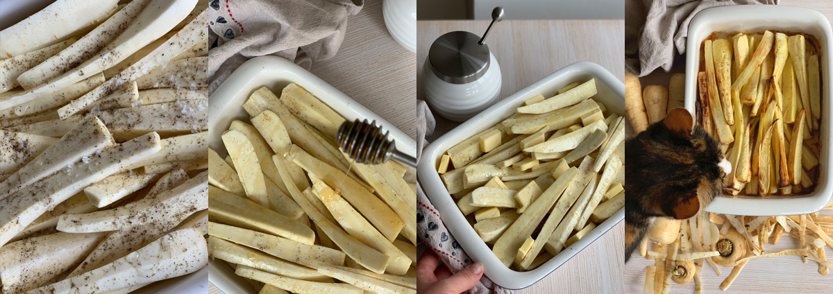 Honey-roasted parsnips. Bake in the oven for 40 minutes