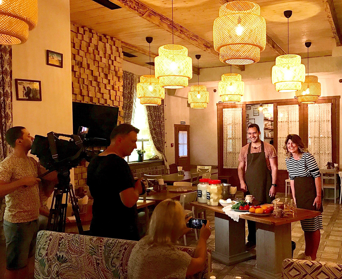 Filming of the program ICTV Facts in Odessa with a gastronomic expert and food blogger Maria Kalenska